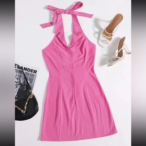pink button up collared halter dress